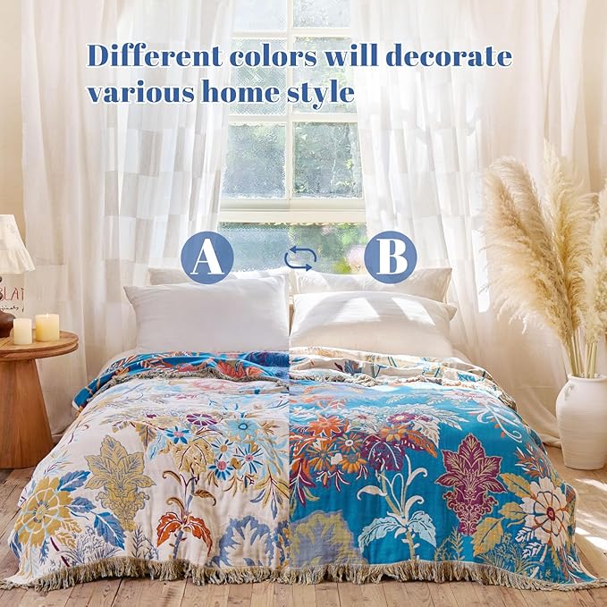 MSGKV Boho Throw Blanket for Bed Cotton 60"x80" Floral Blanket Twin Size Couch - Image 3