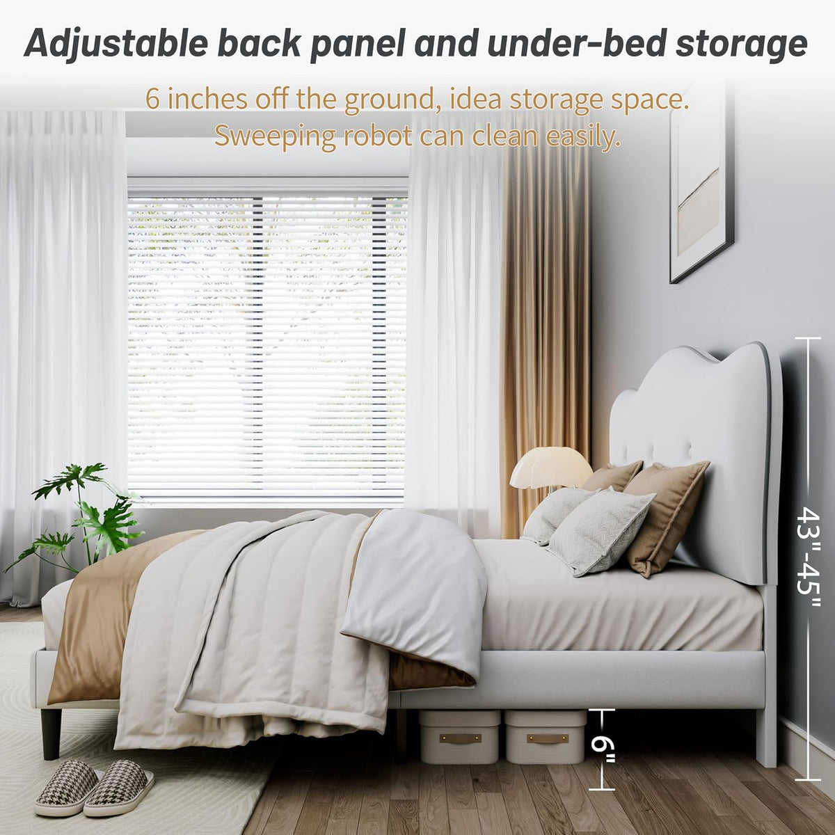 cypbed twin bed frames and adjustable height headboard,white showing dimensions