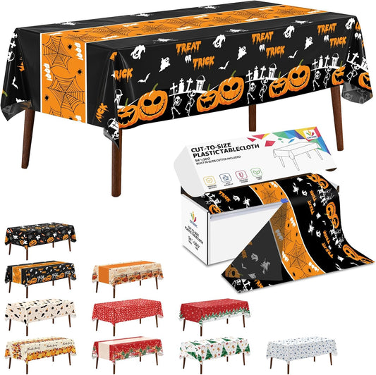 54 Inch X 300 Feet Plastic Table Cover Roll Disposable Halloween Tablecloth with Slide Cutter Pumpkin Ghost Plastic Table Covers for Halloween Party Decorations(Halloween Table Runner, 300Feet)