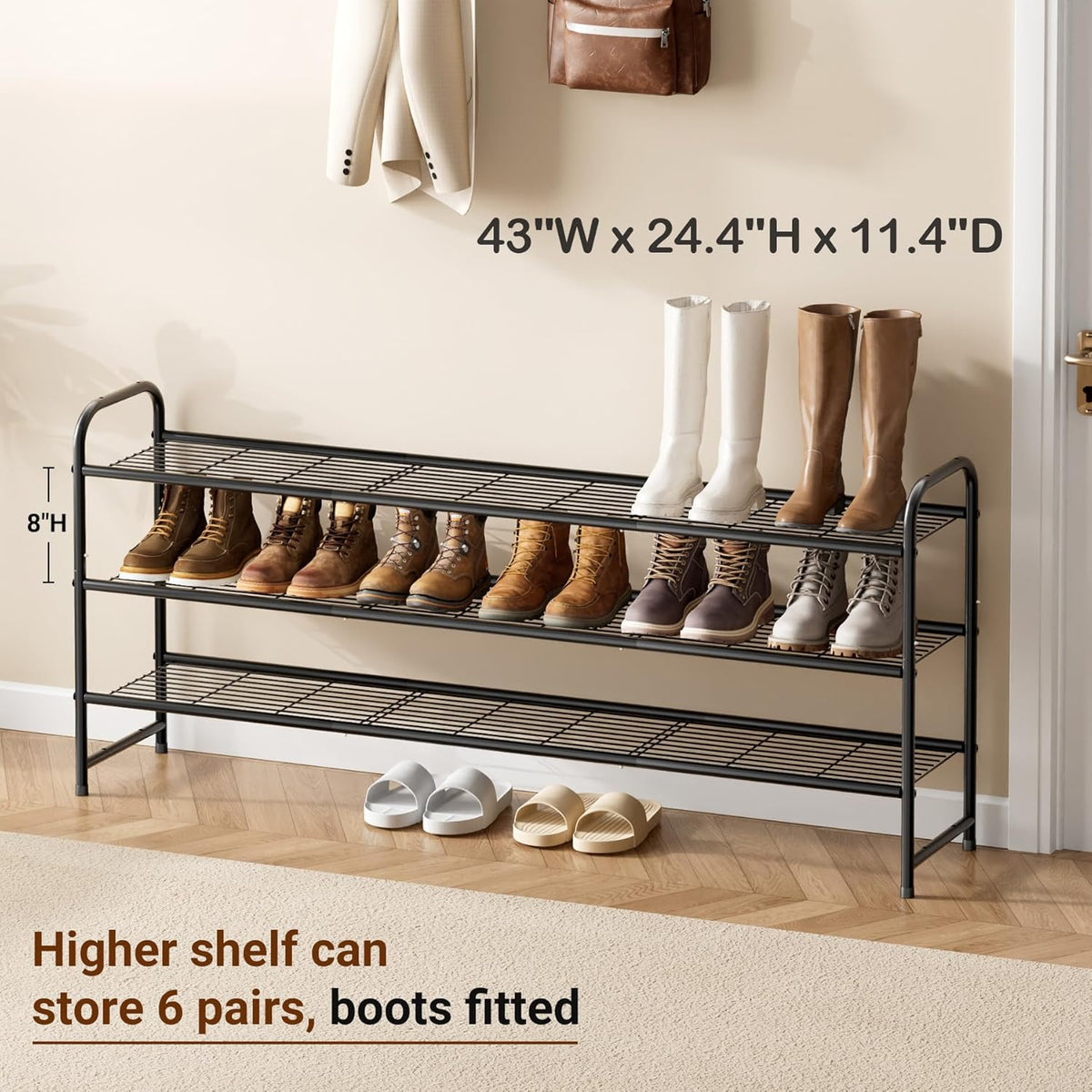 keetdy 3-tier long shoe rack for closet metal, close-up detail