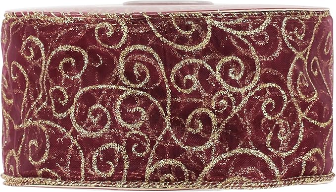 MEEDEE Red Gold Swirl Wired Ribbon 2.5 Inch Dark Red Sheer Ribbon - Image 8