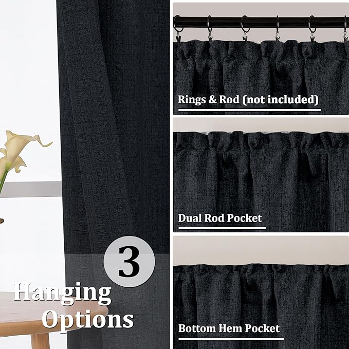 Gwine Black Short Curtains 24 Inch Length 2 Panels, Light Filtering Textured - Image 4