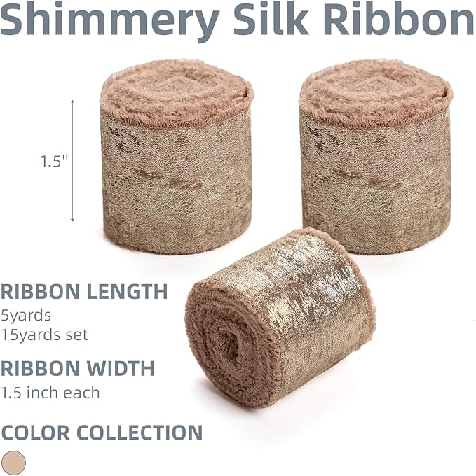 Light Brown Silk Chiffon Ribbon, Frayed Shimmery Silk Ribbon - Image 2