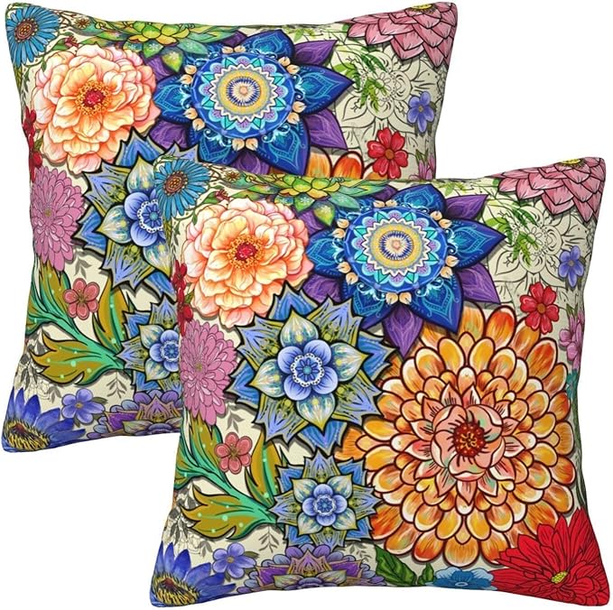 Boho Floral Throw Pillow Covers 18x18 Inch, Colorful Boho Flowers Throw Pillow - Image 5