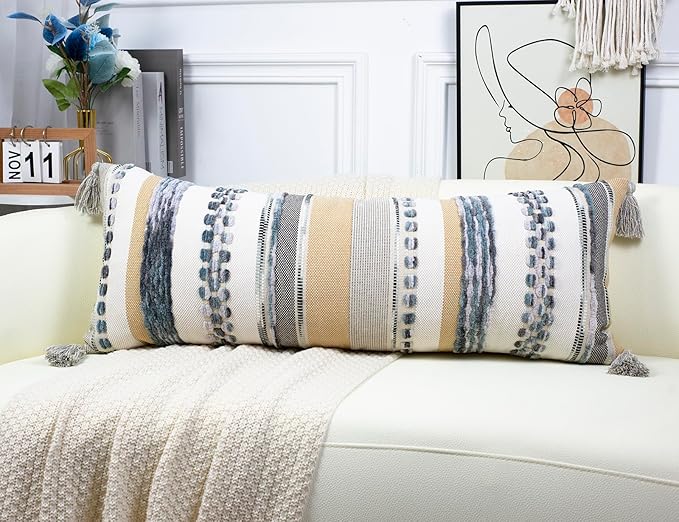 PANOD Boho Long Lumbar Throw Pillow Cover 16 x 36 Light Grey, Chenille Morocan - Image 4