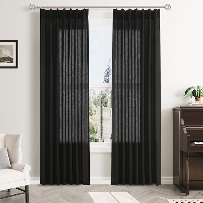 Black Pinch Pleated Linen Curtains 84 Inch Length 2 Panels by Aersas