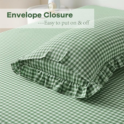 2 Pack Christmas Green White Plaid Ruffle Gingham Pillow Shams Standard Size - Image 4