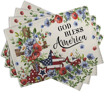4th of July Placemats Set of 4 Patriotic Floral Cross Stars Independence - Image 2