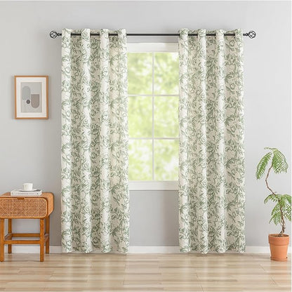 Linen Curtains for Bedroom Green Floral Printed Curtain French Country Peony - Image 2