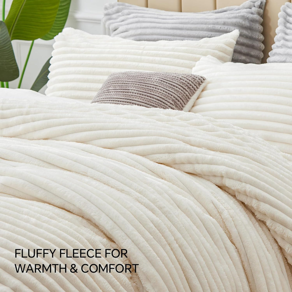 bedelite fleece queen comforter set, fluffy bed set, front angle view
