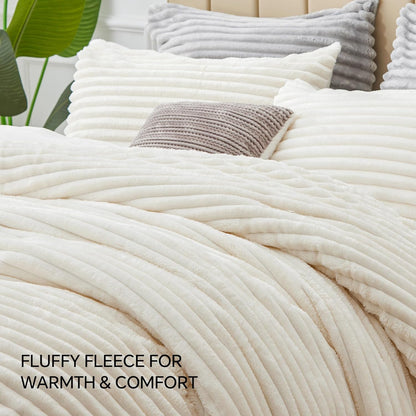 bedelite fleece queen comforter set, fluffy bed set, front angle view