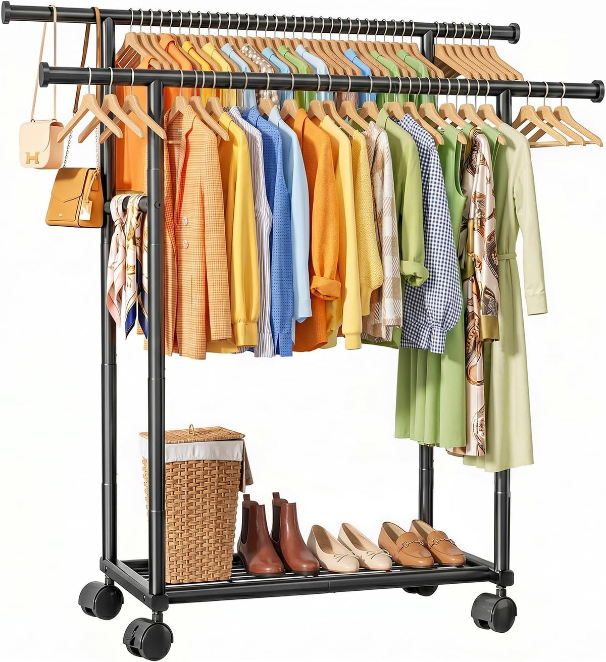 sakugi rolling double rod clothes rack with shelf, main product view