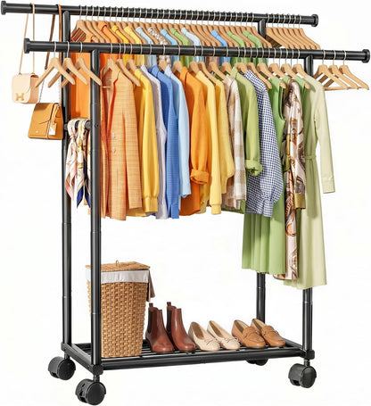 sakugi rolling double rod clothes rack with shelf, main product view