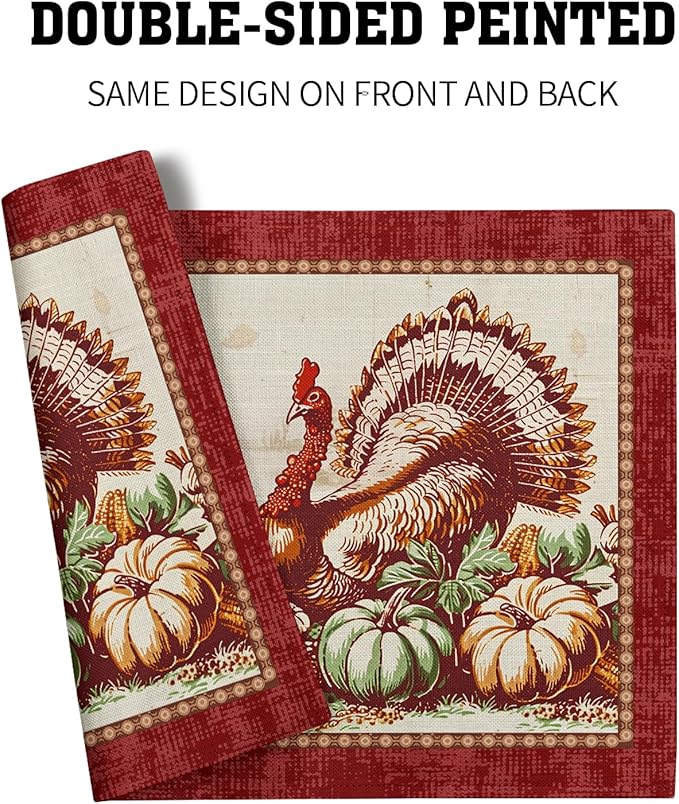 Giwawa 4PCs Thanksgiving Placemats 12x18 Inch Fall Harvest Turkey Autumn - Image 5