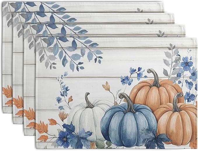 Autumn Placemats Blue Pumpkin Fall Place Mat Eucalyptus Leaves Floral Wood by Wnoesat