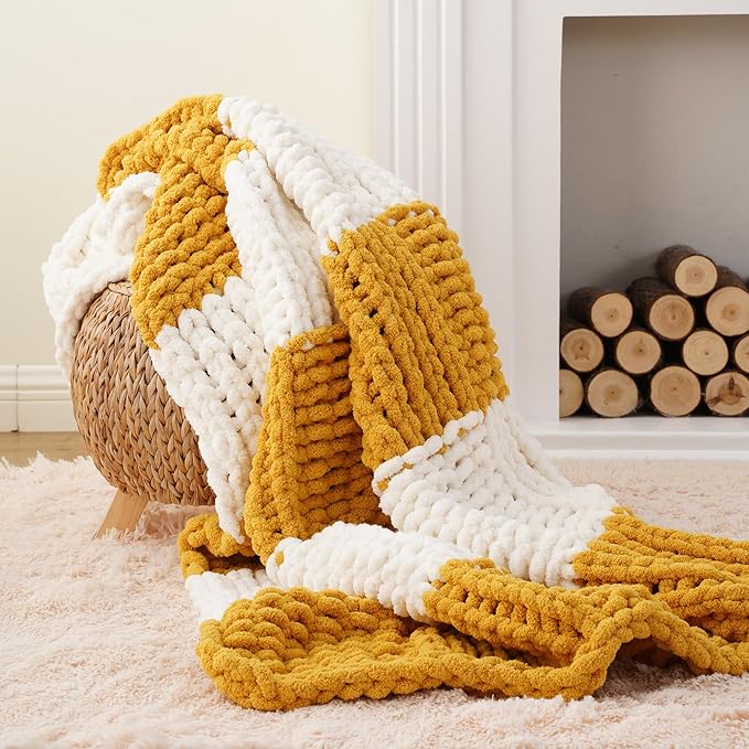 Battilo Mustard Yellow Chunky Knit Throw Blanket, Soft and Thick Chenille Throw - Image 5