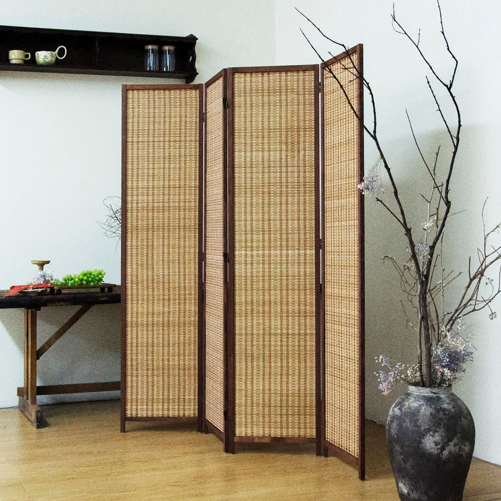 4 Panel Bamboo Room Divider - 5.6 ft Tall Brown Folding Privacy Screen, Doubl...