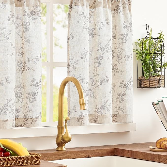 jinchan Floral Kitchen Curtains 24 Inch Linen Tier Curtains Farmhouse Cafe Half - Image 2