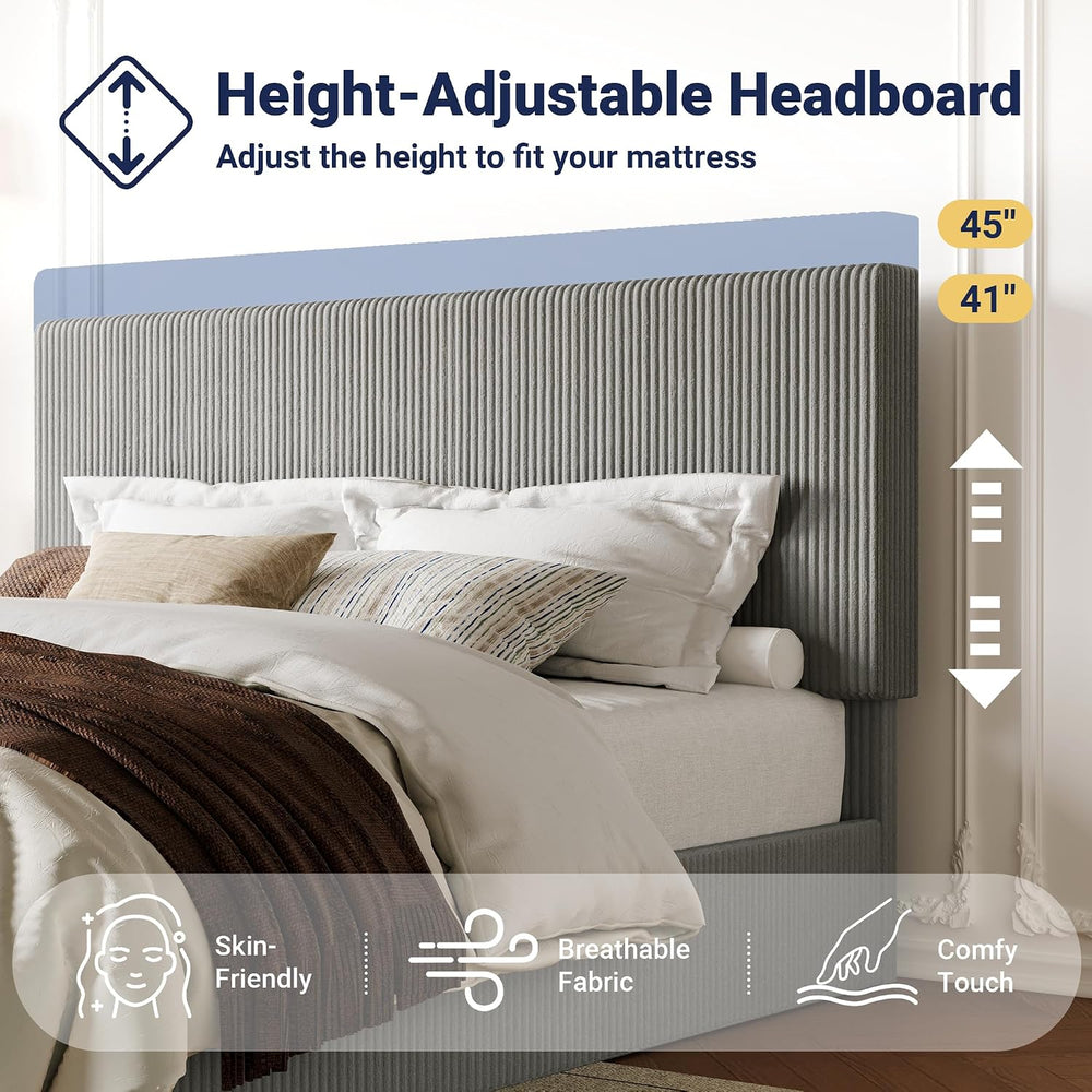 Allewie King Bed Frame, Adjustable Corduroy Headboard, Platform, Grey