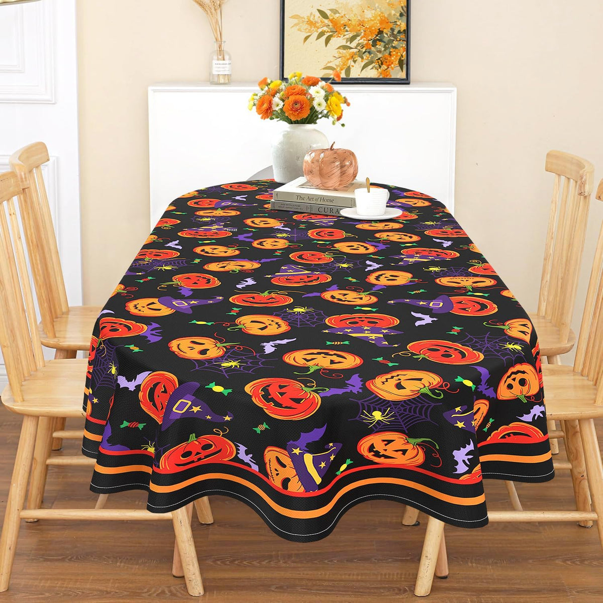 Halloween Oval Tablecloth 60x120 Inch Waterproof Bat Pumpkin Tablecloth Halloween Washable Table Cloth for Party Picnic Dinner Scary Home Decor