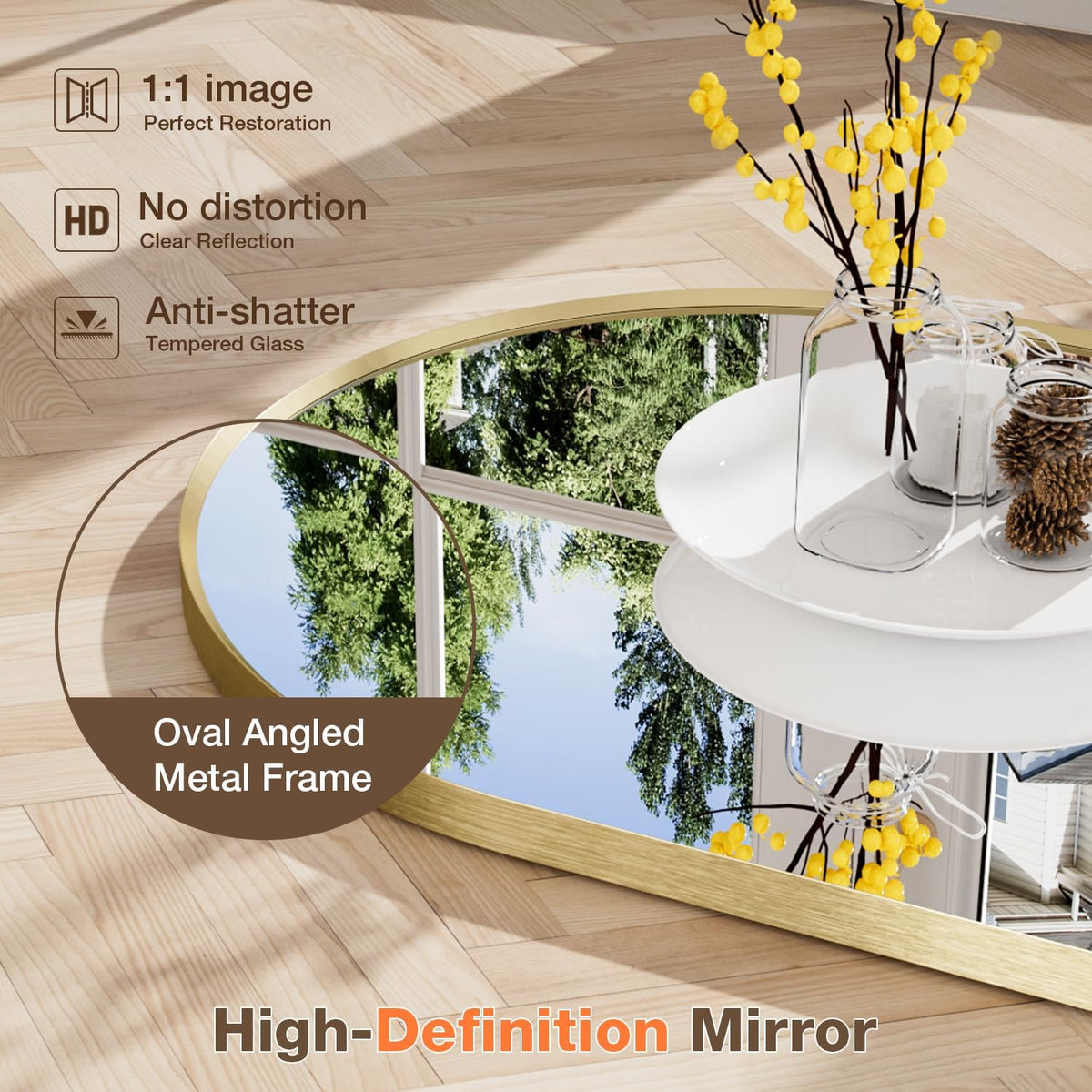 16"x24" brushed gold oval bathroom mirror for over shown in use