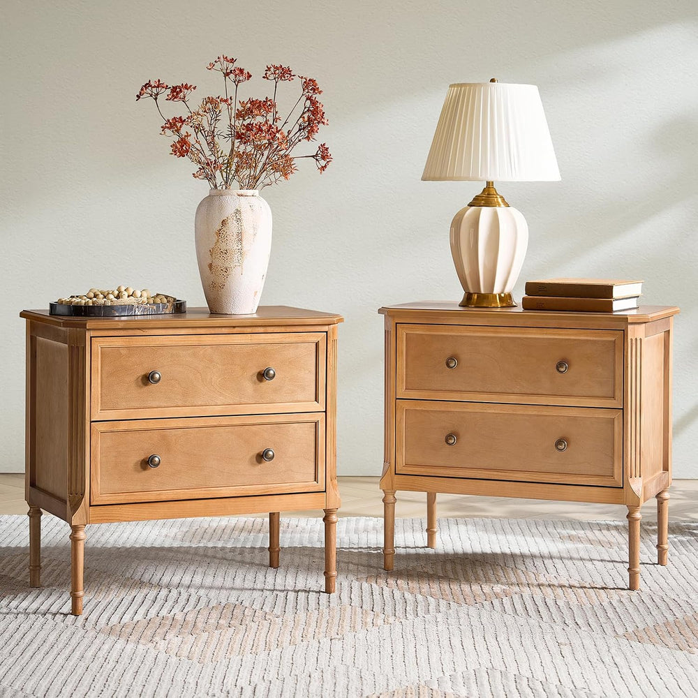 HULALA HOME Solid Wood End Table with Charging Station, Teak, Set of 2
