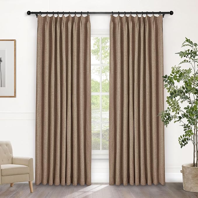 Macochico Pinch Pleated 100% Blackout Curtains Taupe Linen Curtains by Macochico
