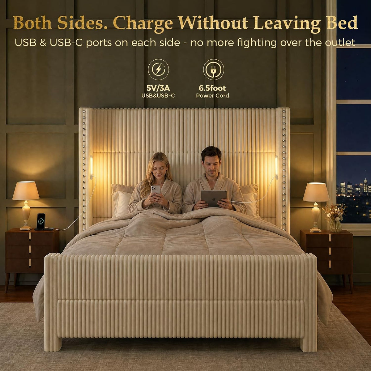 queen bed frame with 56.7" tall wingback headboard, side view