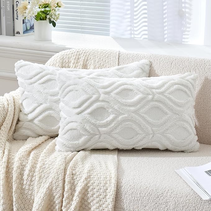 MIULEE Pure White Throw Pillow Covers 12x20 Inch, Soft Winter Plush Faux Wool by MIULEE