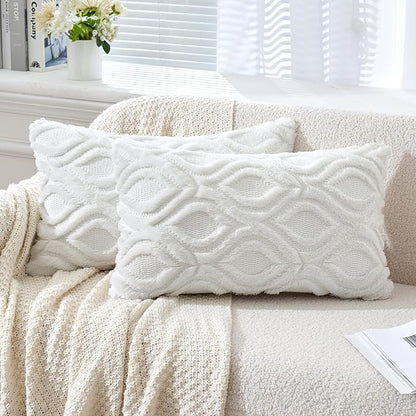 MIULEE Pure White Throw Pillow Covers 12x20 Inch, Soft Winter Plush Faux Wool by MIULEE