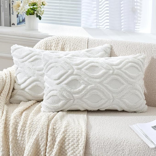 MIULEE Pure White Throw Pillow Covers 12x20 Inch, Soft Winter Plush Faux Wool by MIULEE