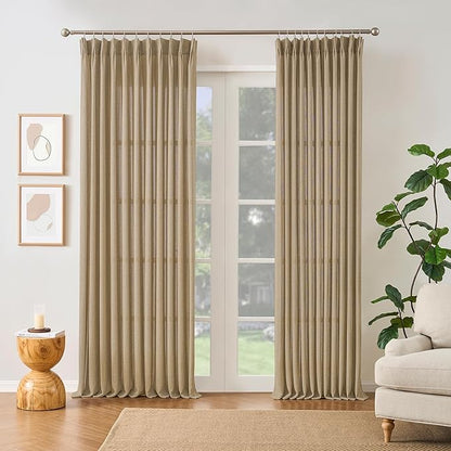 Dark Flax Pinch Pleated Linen Curtains 105 Inches Long Semi Sheer Memory by RAIN+CITY