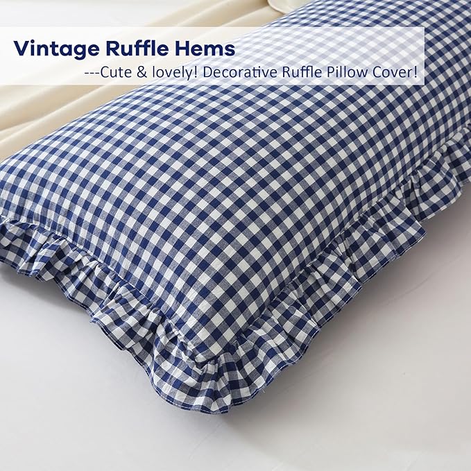 Navy Blue White Plaid Ruffled Gingham Body Pillow Cover, 100% Washed Cotton - Image 4