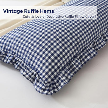 Navy Blue White Plaid Ruffled Gingham Body Pillow Cover, 100% Washed Cotton - Image 4