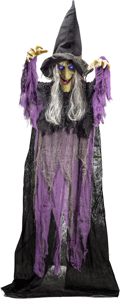 JOYIN 72” Halloween Hanging Witch Decorations Outdoor, Flying Talking Ghost Decor Light Up Eyes Sound Activated, Outside Indoor Haunted House Prop for Lawn Yard Garden, Purple