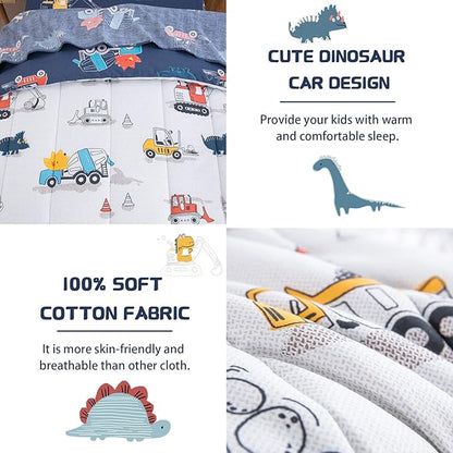 DJY 4 Pieces Cotton Toddler Bedding Set, Dinosaur Cars Reversible Toddler Bed - Image 4