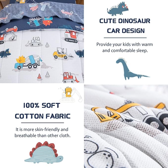 DJY Cotton Twin Bedding Set, Dinosaur Cars Reversible Twin Comforter Set - Image 4