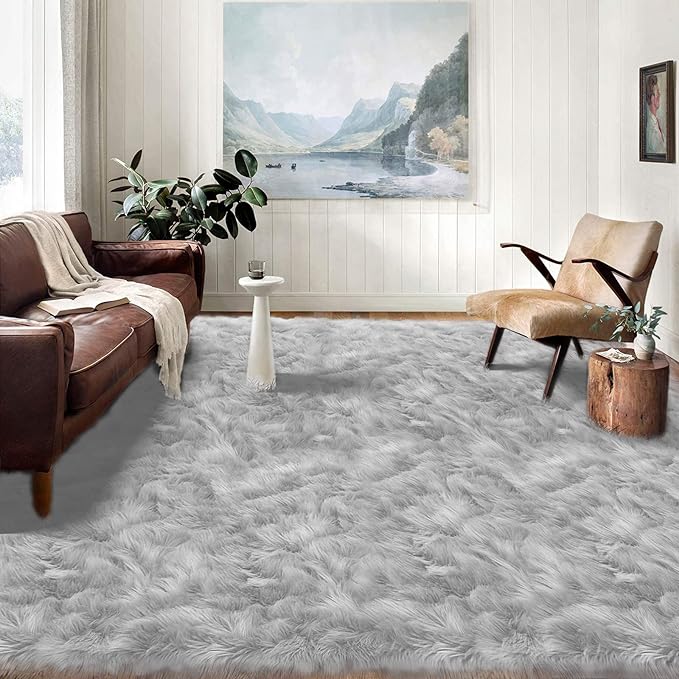 Latepis Area Rugs 10x14 Living Room Washable Rugs Grey Faux Sheepskin Fur by Latepis