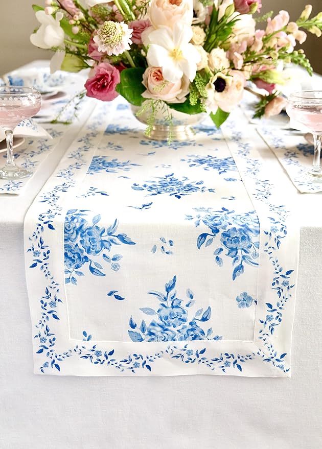 Solino Home Blue Floral Print Table Runner 108 Inches Long by SolinoHome