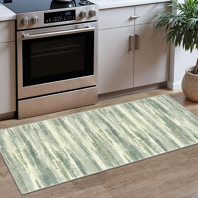 Modern Abstract Runner Rug 2x5, Sage Green Grey Washable Kitchen Runner by lansny