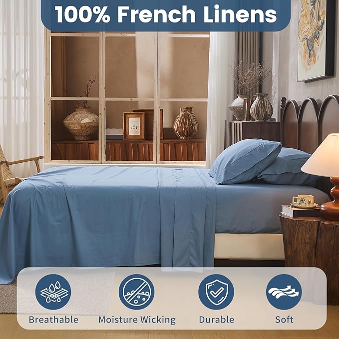 100% Linen Sheets King Size, Breathable & Durable 4-Piece Bed Flax Sheet Set - Image 2