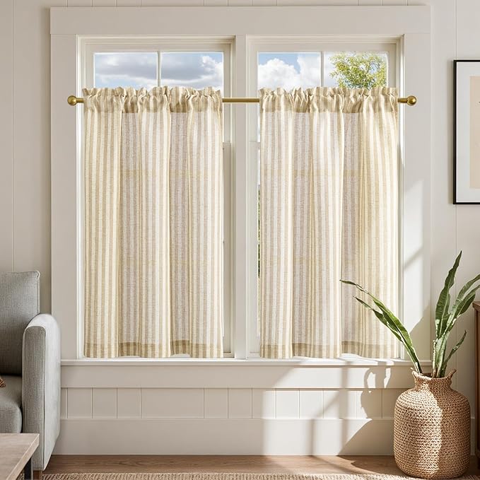jinchan Striped Linen Kitchen Curtains 36 Inches Length Tier Curtains Farmhouse by JINCHAN