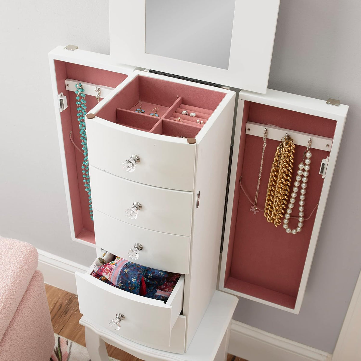 powell furniture jewelry armoire, white, 13"x 9.375"x 35.5", package contents