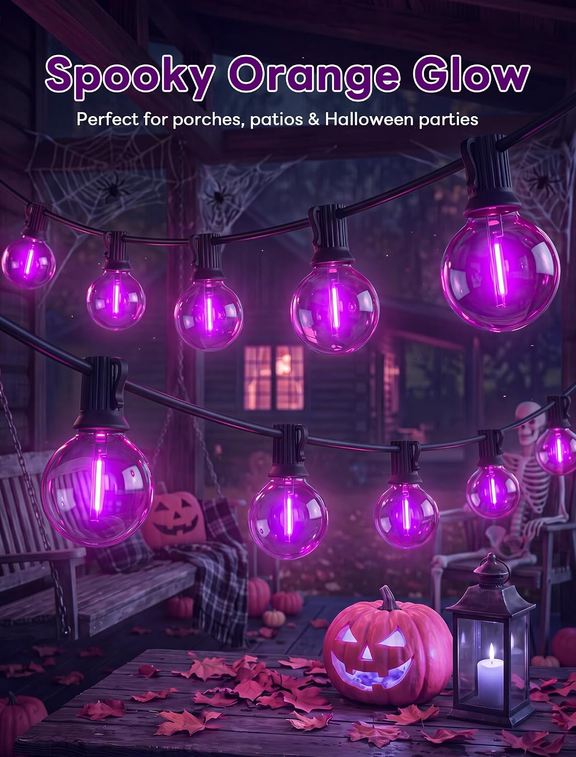 Abeja 50FT G40 Purple Halloween String Lights, Halloween Lights Outdoor with 27 Shatterproof Purple LED Bulbs(2 Spare) LED Globe Lights for Patio Balcony Backyard Pergola Decor