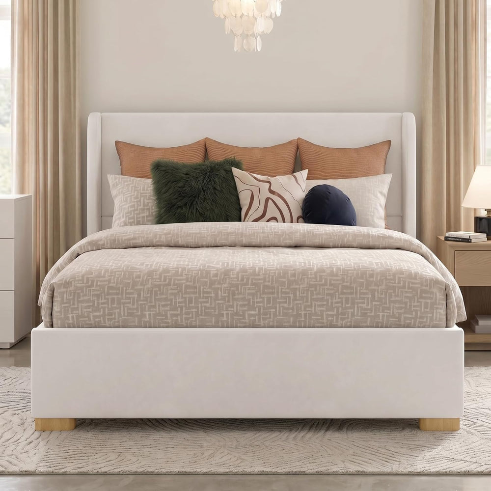 Queen Size Upholstered Platform Bed Frame with Wingback Headboard