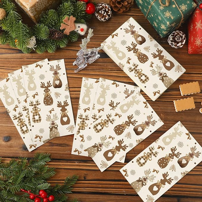 Peryiter 100 Pack Rustic Neutral Christmas Reindeer Paper Napkins Disposable 3 - Image 4