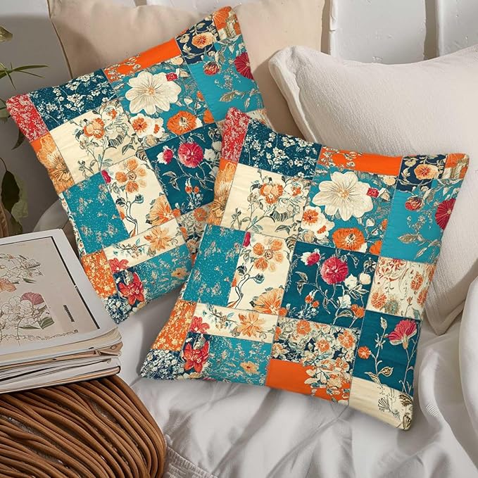 Floral Throw Pillow Covers 18x18 Set of 2 | Decorative Patchwork Like Cushion - Image 5