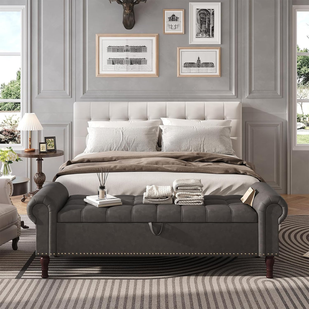 apicizon 60” bench with storage, upholstered tufted button on a desk or shelf