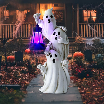 twinbling Triple Ghosts Halloween Decorations Outdoor with Solar Lantern,Cute Spooky Halloween Ghost Figurines,Ghost Decor Outside Decor for Yards Porches Gardens Lawn Party