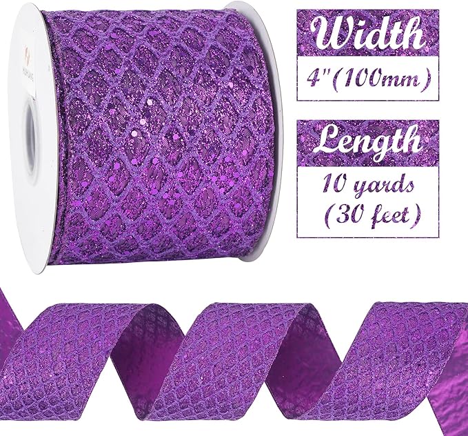 HUIHUANG Purple Wired Christmas Ribbon 4 inch Purple Glitter Wired Ribbon - Image 3
